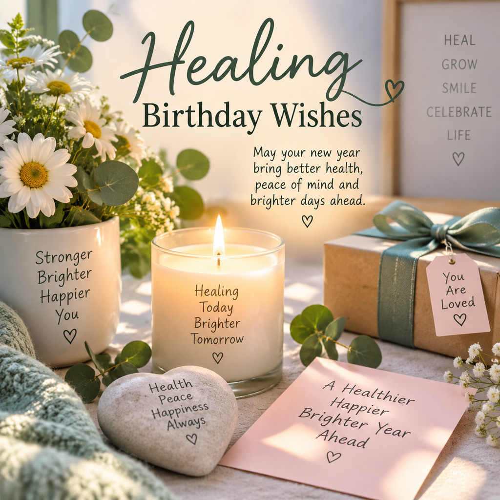 Healing birthday wishes greeting card with flowers, candle, gift box, and comforting message for a healthier and happier year