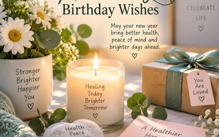 Healing birthday wishes greeting card with flowers, candle, gift box, and comforting message for a healthier and happier year