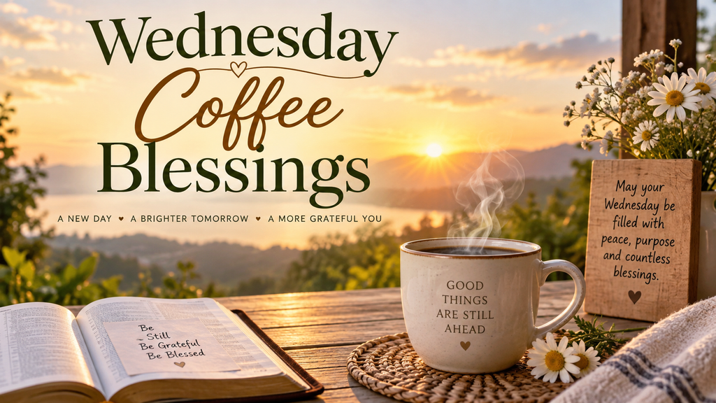Wednesday coffee blessings with a warm cup of coffee, sunrise, and inspirational morning message for a peaceful Wednesday