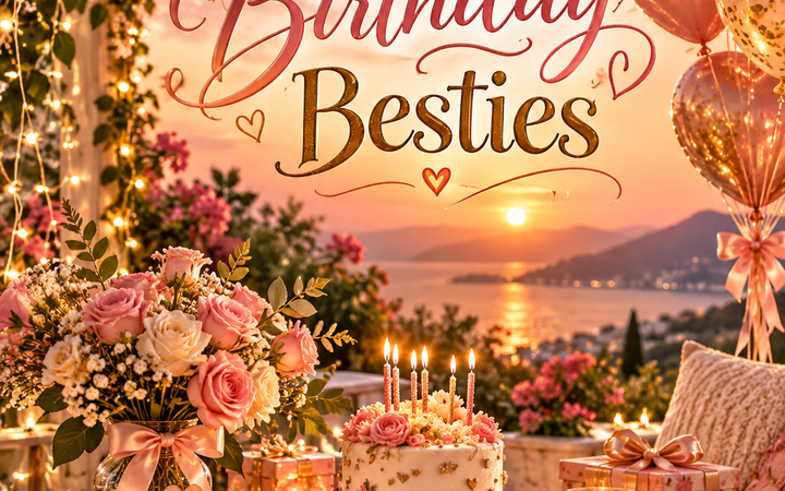 Happy Birthday Besties wishes with colorful birthday decorations