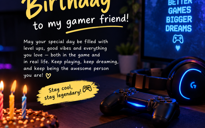 Birthday wishes for a gamer friend with a neon gaming setup, controller, headset, birthday cake, and level-up themed design.
