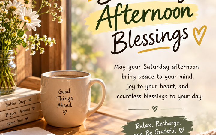 Saturday afternoon blessings with a cozy coffee mug, flowers, books, warm sunlight, and an inspirational message about peace, joy, gratitude, and blessings.