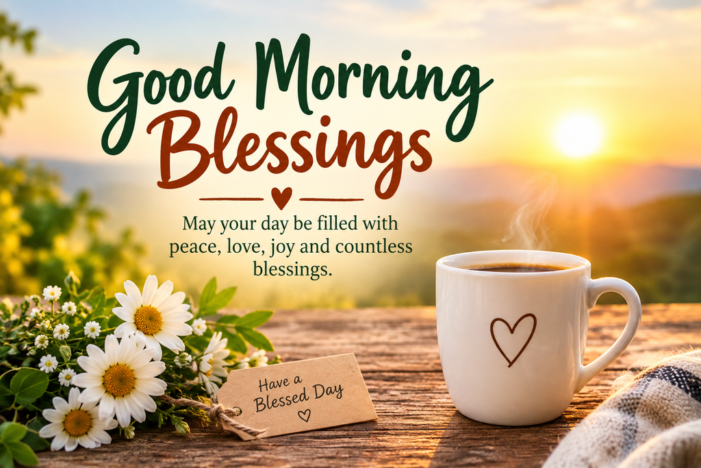 Good morning blessings with sunrise, flowers, and a cup of coffee