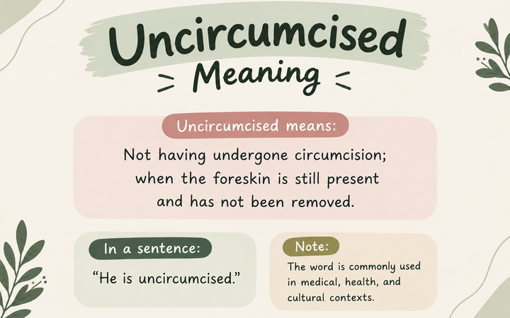 Uncircumcised meaning definition explained in a clean educational infographic with a simple example sentence and medical and cultural context.