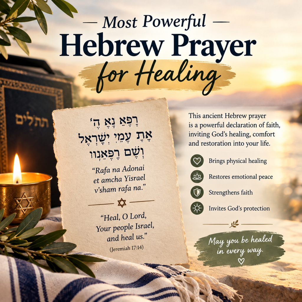 Most powerful Hebrew prayer for healing displayed on parchment with a prayer book, candle, olive branches, Star of David, and peaceful sunset background.