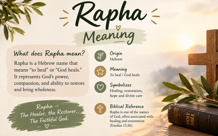 Rapha meaning explained in a peaceful botanical infographic, showing its Hebrew origin, meaning “to heal” or “God heals,” and biblical connection to healing and restoration.