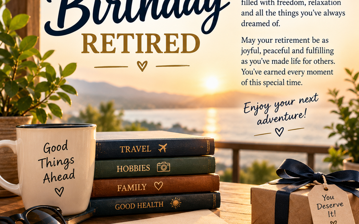 Happy Birthday Retired greeting card with a peaceful sunset, lake and mountains, coffee mug, books, gift, and retirement-themed message.