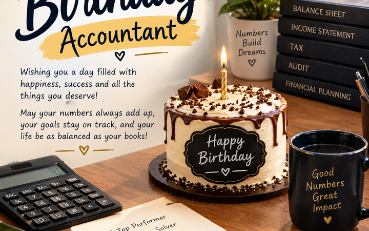 Happy Birthday Accountant greeting card with birthday cake, calculator, accounting books, office desk, plant, and professional birthday message.