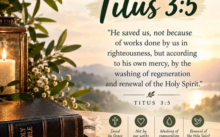 Titus 3:5 Bible verse graphic with an open Holy Bible, glowing lantern, greenery, golden-hour landscape, and a message about God’s mercy, grace, regeneration, and renewal.