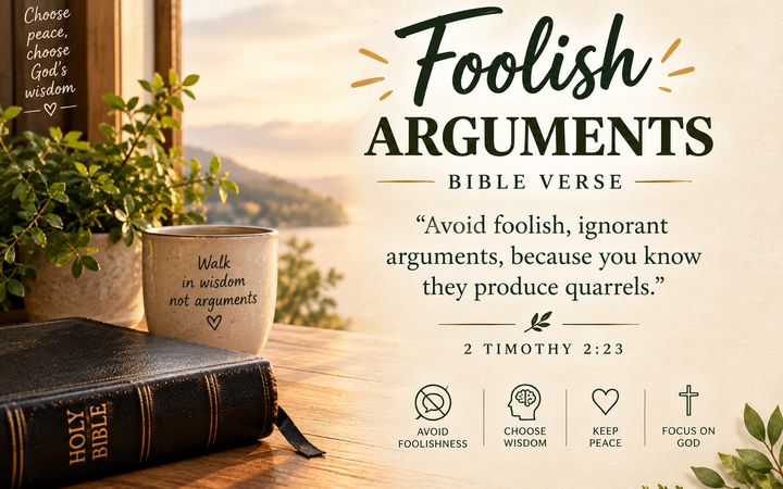 Foolish Arguments Bible Verse from 2 Timothy 2:23 with a Holy Bible, warm sunlight, greenery, coffee mug, and a message about choosing wisdom and peace.