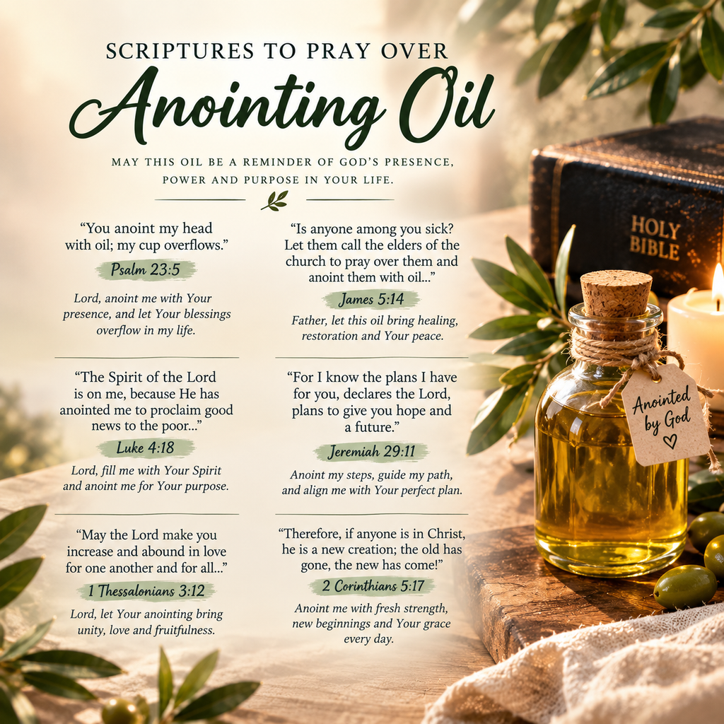 Scriptures to pray over anointing oil featuring a Holy Bible, bottle of golden anointing oil, candle, olive branches, and Bible verses about faith, healing, renewal, and God’s presence.