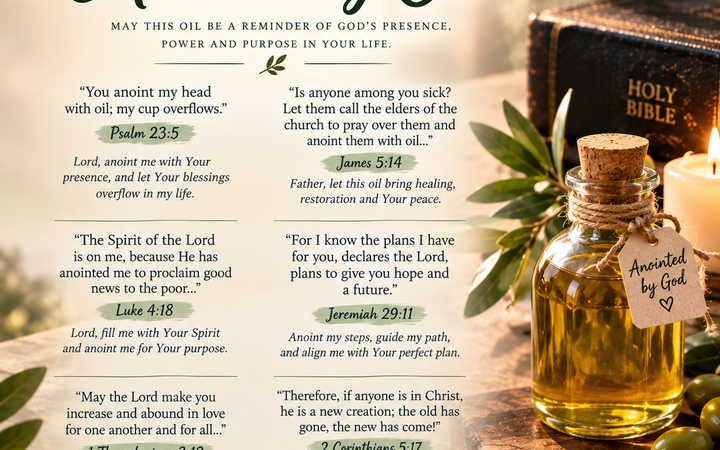 Scriptures to pray over anointing oil featuring a Holy Bible, bottle of golden anointing oil, candle, olive branches, and Bible verses about faith, healing, renewal, and God’s presence.