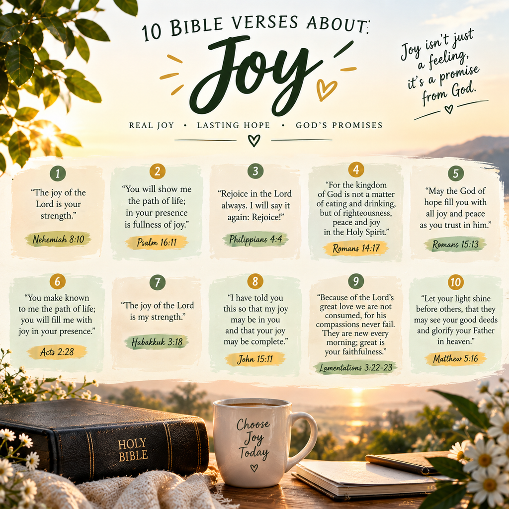 10 Bible verses about joy displayed in a beautiful devotional graphic with a Holy Bible, flowers, warm sunlight, peaceful landscape, and a “Choose Joy Today” mug.