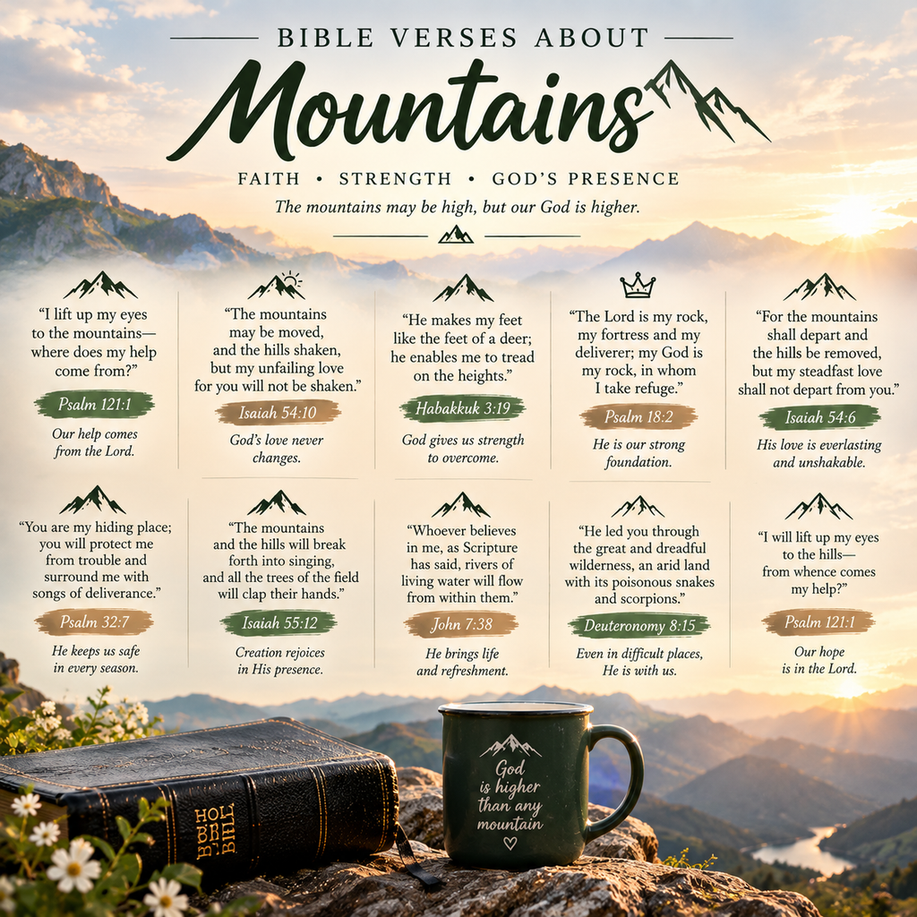 Bible verses about mountains displayed in a Christian devotional graphic with mountain scenery, Holy Bible, flowers, golden sunlight, and scriptures about faith, strength, and God’s presence.