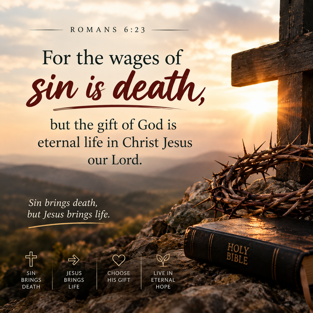 For the wages of sin is death Bible verse from Romans 6:23, featuring a wooden cross, crown of thorns, Holy Bible, mountains, and warm golden sunlight.