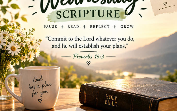 Wednesday Scripture Bible verse graphic featuring Proverbs 16:3, a Holy Bible, flowers, coffee mug, greenery, mountain scenery, and a peaceful devotional setting.