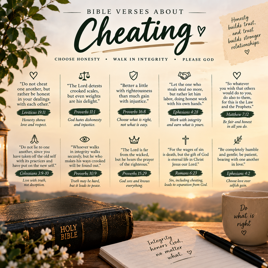 Bible verses about cheating and dishonesty featuring a Holy Bible, flowers, warm sunset, handwritten integrity notes, and Christian messages about honesty and doing what is right.