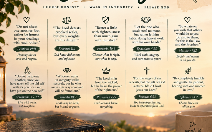 Bible verses about cheating and dishonesty featuring a Holy Bible, flowers, warm sunset, handwritten integrity notes, and Christian messages about honesty and doing what is right.