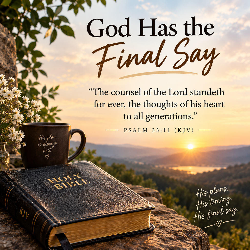 God has the final say Bible verse KJV with Holy Bible and sunrise