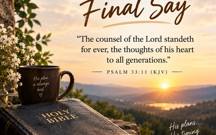 God has the final say Bible verse KJV with Holy Bible and sunrise