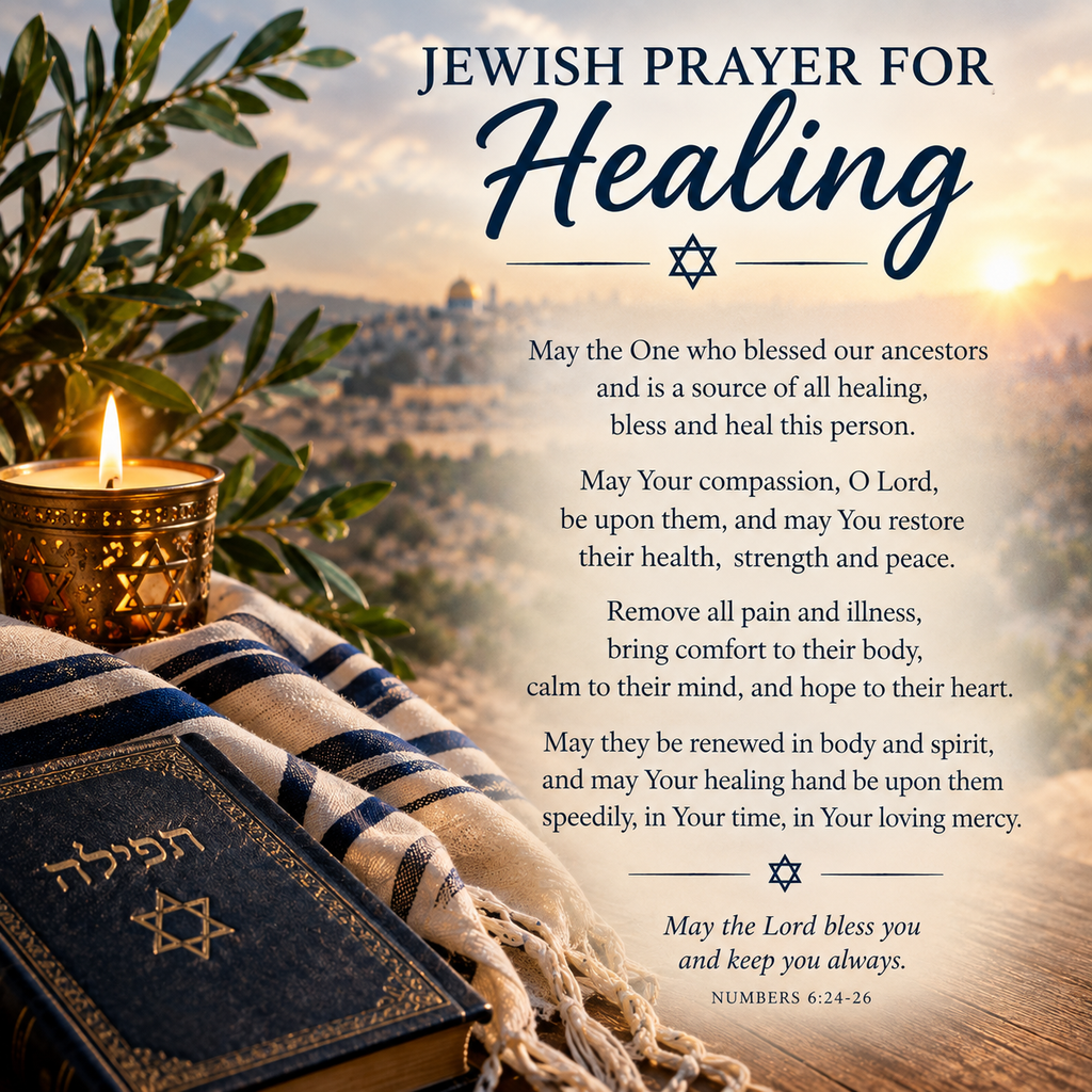 Jewish Prayer for Healing with a prayer book, Star of David, candle, and peaceful Jerusalem background