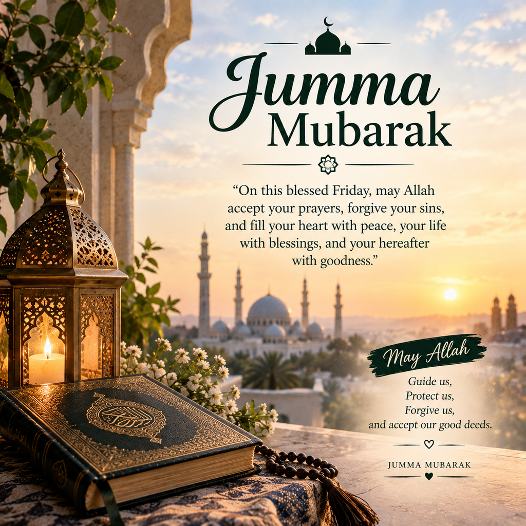 Jumma Mubarak Quotes with a beautiful mosque, Quran, prayer beads, and Islamic lantern