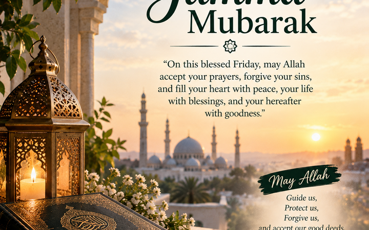 Jumma Mubarak Quotes with a beautiful mosque, Quran, prayer beads, and Islamic lantern