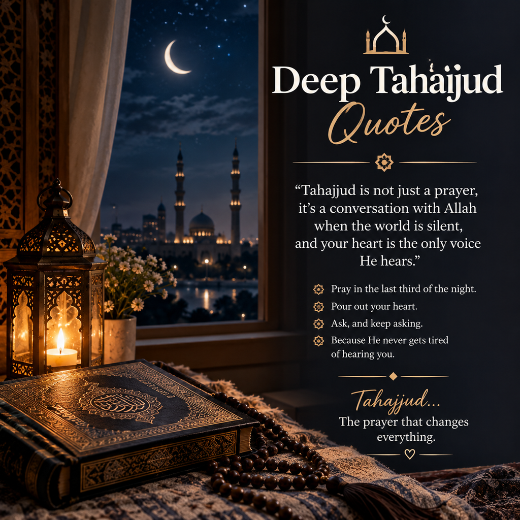 Deep Tahajjud Quotes with Quran, prayer beads, glowing lantern, and peaceful mosque at night