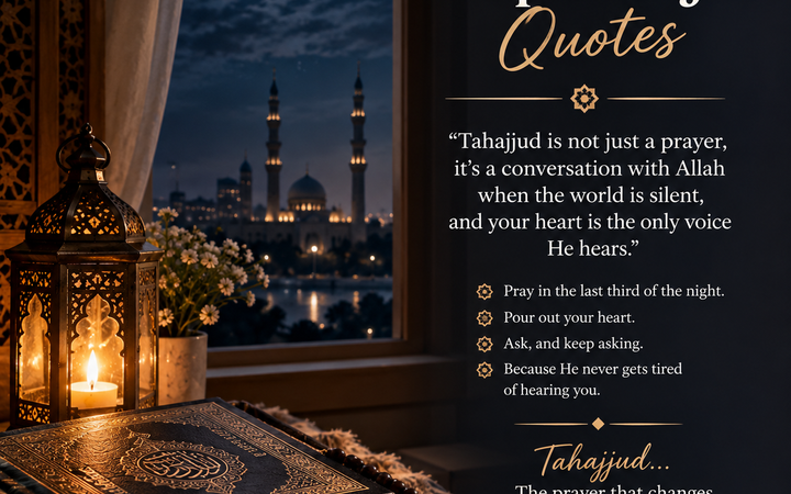 Deep Tahajjud Quotes with Quran, prayer beads, glowing lantern, and peaceful mosque at night