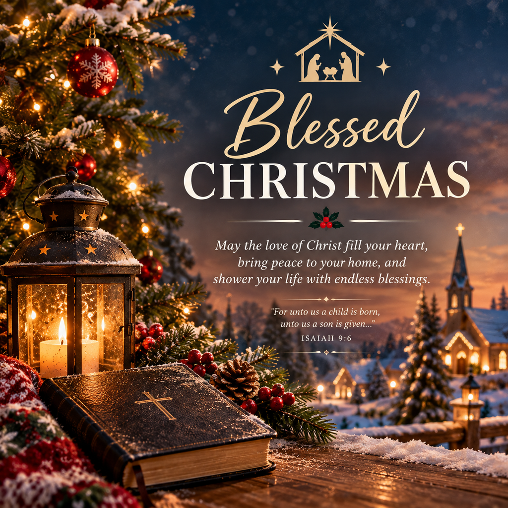 Blessed Christmas with a decorated Christmas tree, glowing lantern, nativity scene, and snowy church