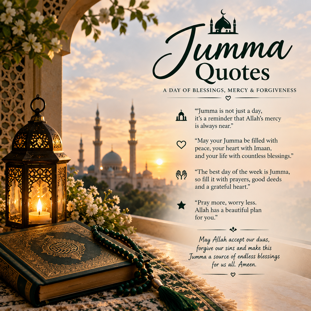 Jumma Quotes in English with a beautiful mosque, Quran, prayer beads, and glowing lantern