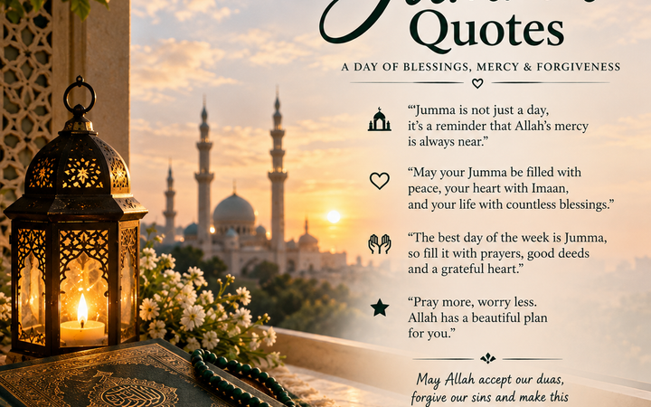 Jumma Quotes in English with a beautiful mosque, Quran, prayer beads, and glowing lantern