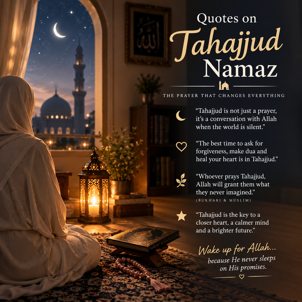 Quotes on Tahajjud Namaz with Quran, prayer beads, glowing lantern, and peaceful mosque at night