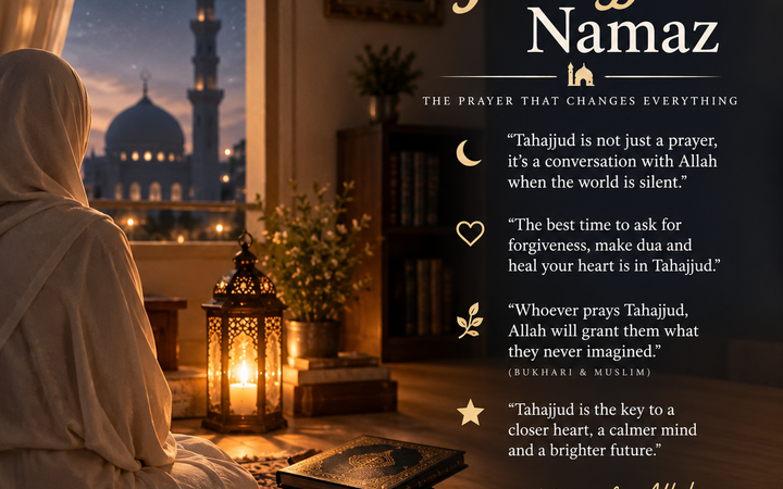Quotes on Tahajjud Namaz with Quran, prayer beads, glowing lantern, and peaceful mosque at night