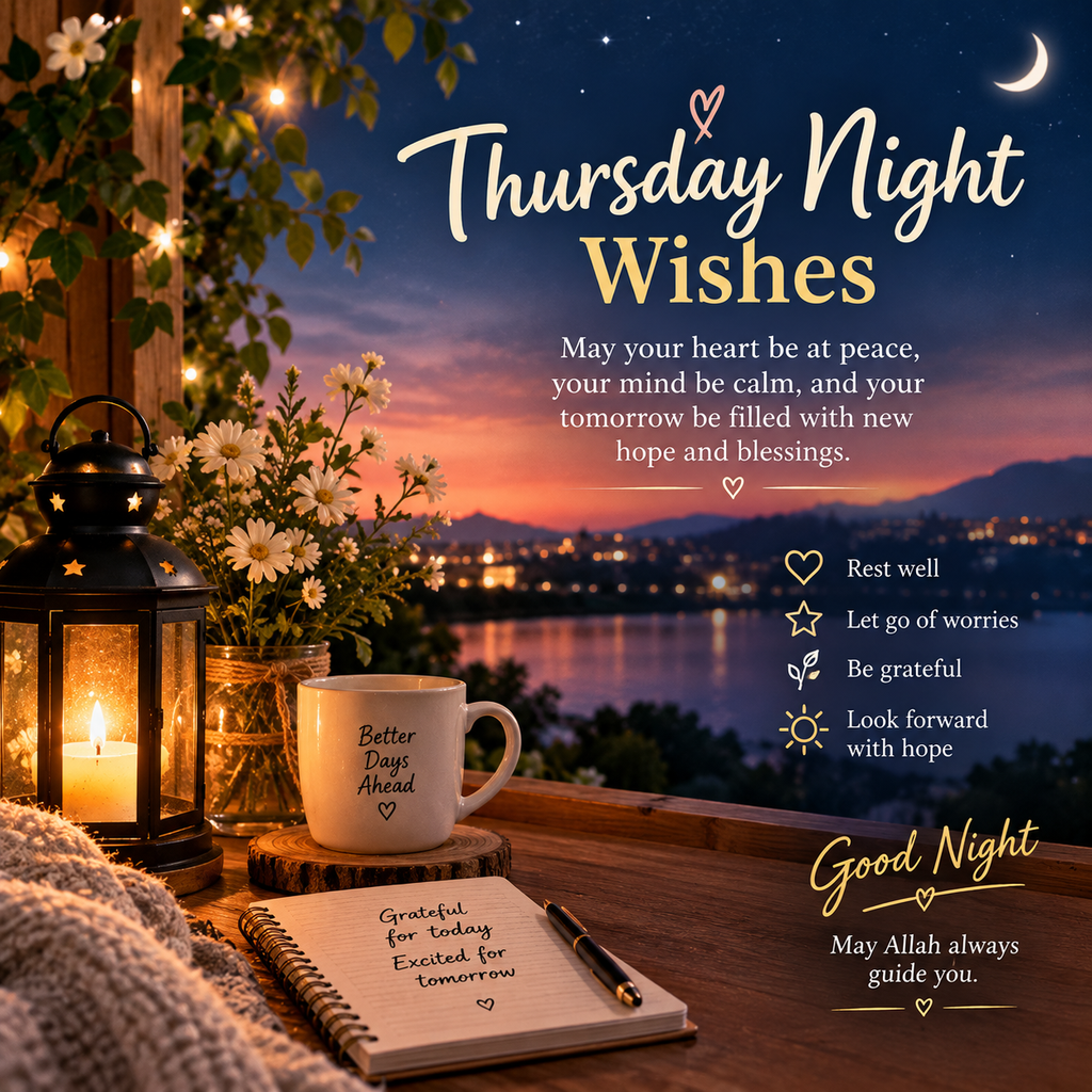 Thursday Night Wishes with a glowing lantern, flowers, peaceful sunset, and inspirational message