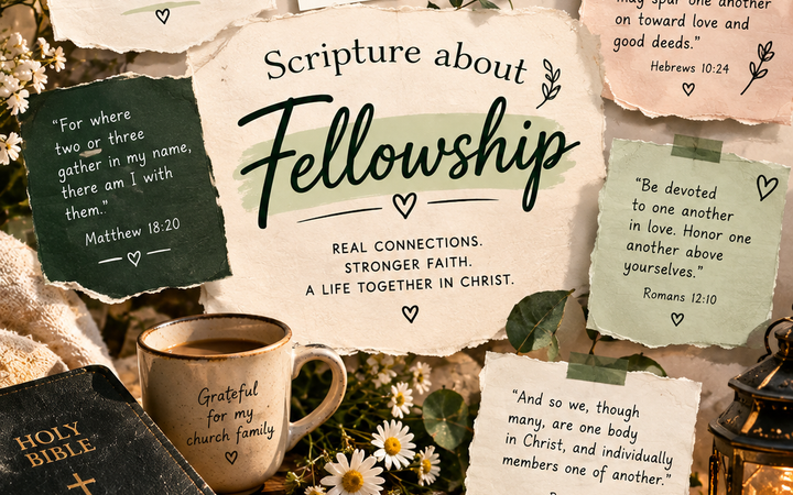 scripture about fellowship with Bible, friends gathering, flowers, and Christian fellowship notes