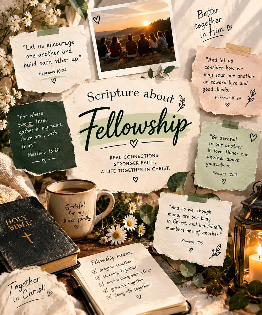 scripture about fellowship with Bible, friends gathering, flowers, and Christian fellowship notes