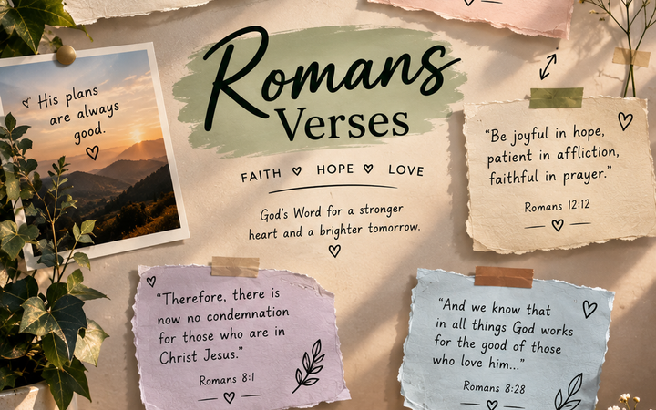 Romans Verses with Bible, handwritten scripture cards, flowers, candle, and peaceful Christian decor