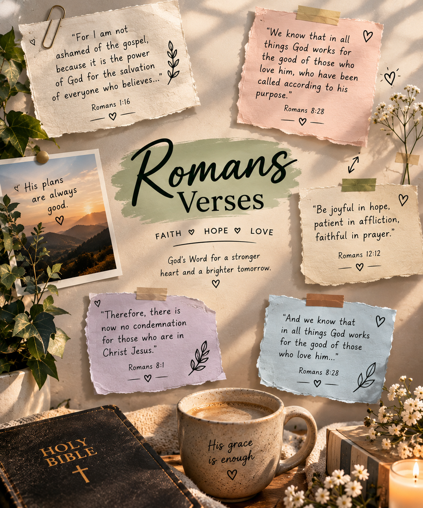 Romans Verses with Bible, handwritten scripture cards, flowers, candle, and peaceful Christian decor