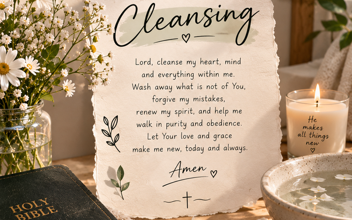 prayer for cleansing with Bible, flowers, candle, water bowl, and peaceful Christian decor