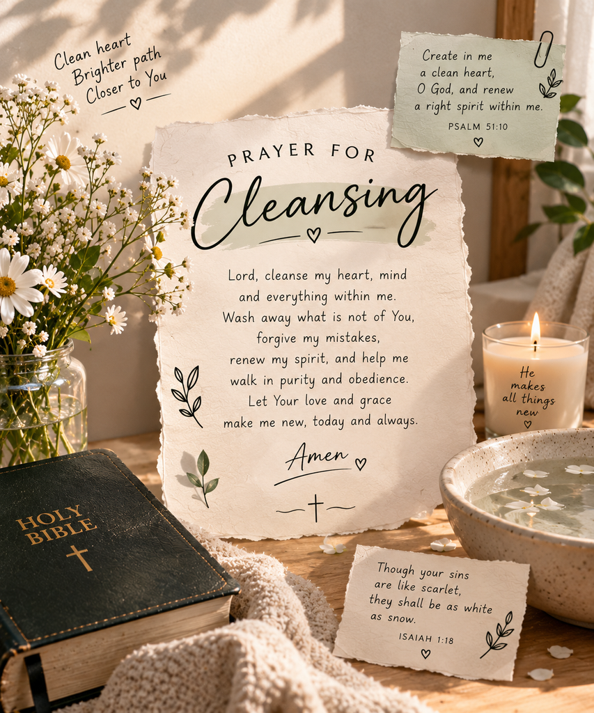 prayer for cleansing with Bible, flowers, candle, water bowl, and peaceful Christian decor