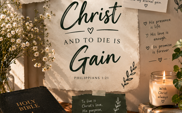 To Live Is Christ and to Die Is Gain with Bible, handwritten Christian notes, candle, flowers, and sunrise