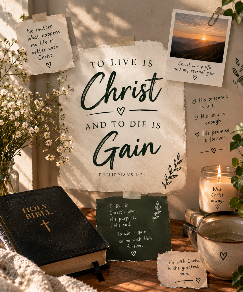To Live Is Christ and to Die Is Gain with Bible, handwritten Christian notes, candle, flowers, and sunrise