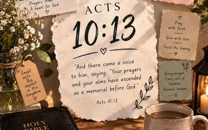 Acts 10:13 with Bible, cross at sunrise, prayer notes, candle, flowers, and Christian decor