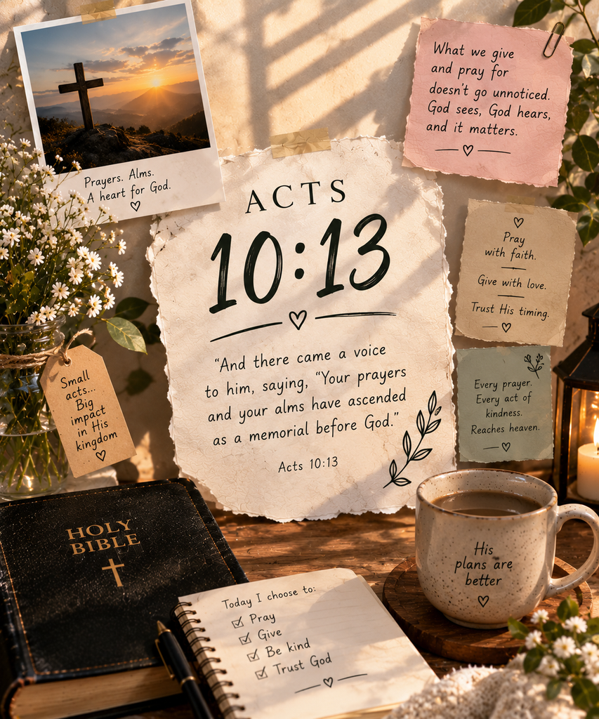 Acts 10:13 with Bible, cross at sunrise, prayer notes, candle, flowers, and Christian decor