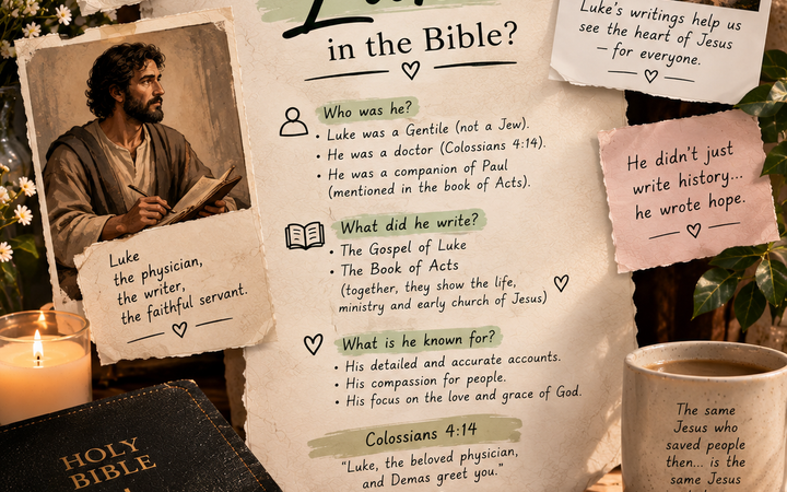 Who Is Luke in the Bible with Bible, portrait of Luke, ancient city, flowers, candle, and Christian notes