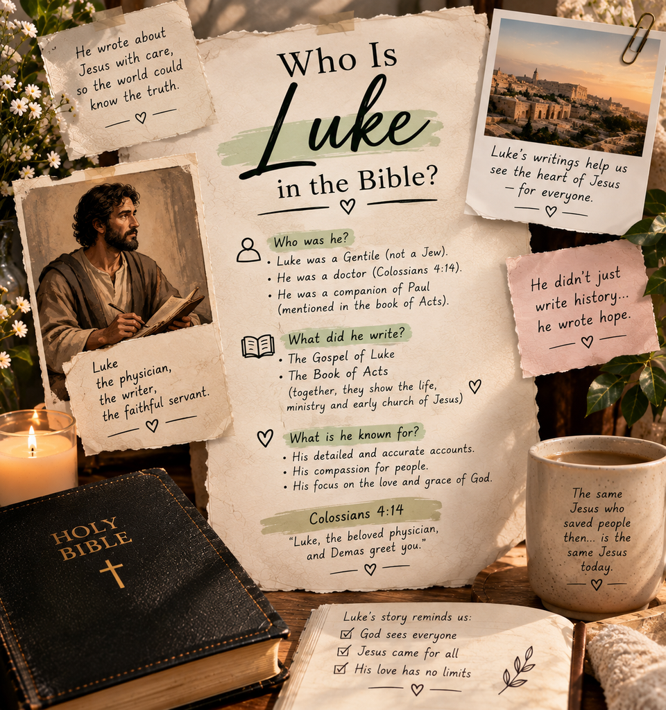Who Is Luke in the Bible with Bible, portrait of Luke, ancient city, flowers, candle, and Christian notes