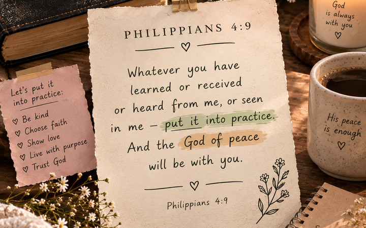 Philippians 4:9 with Bible, prayer journal, flowers, candle, and peaceful Christian devotional setting