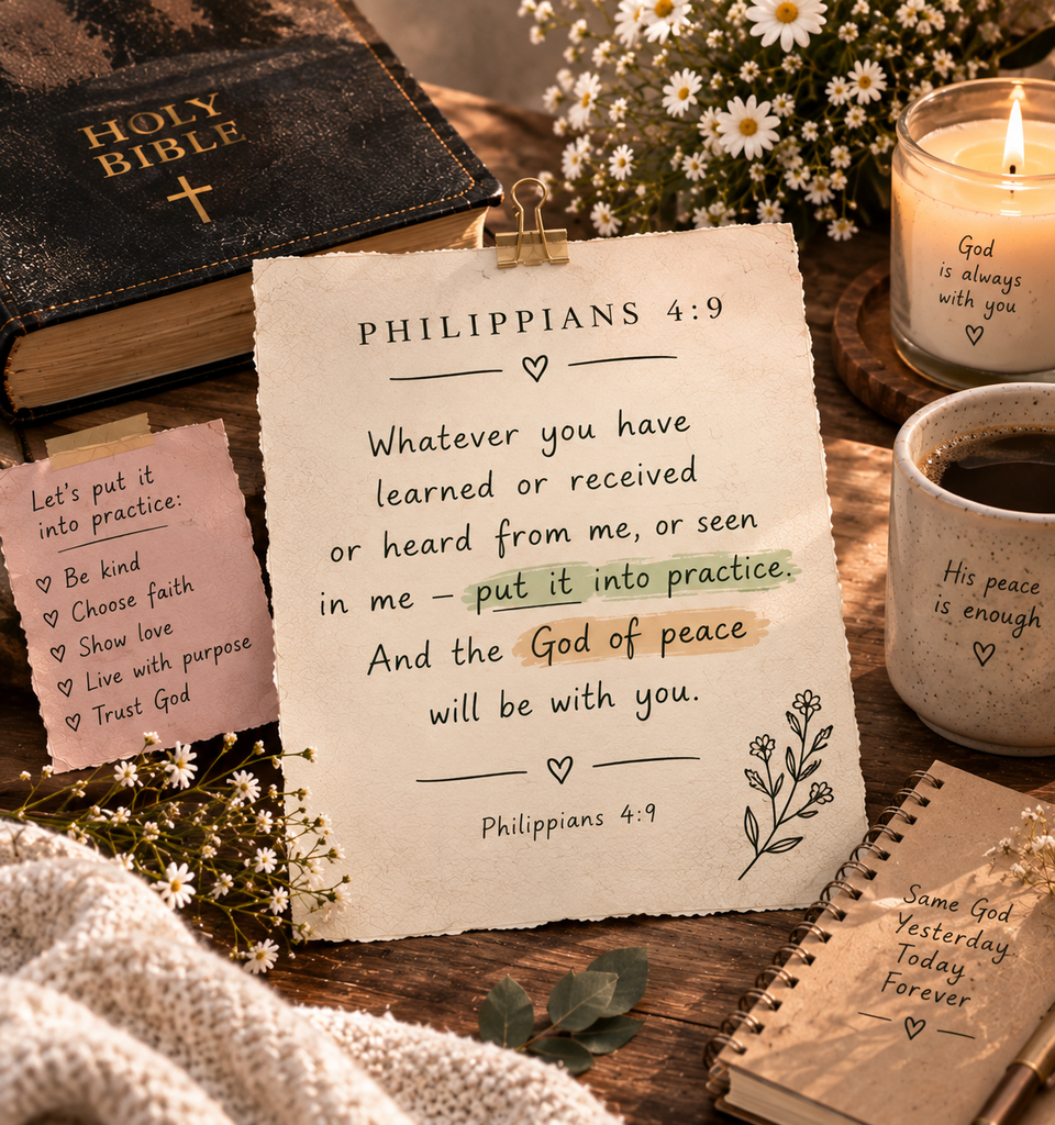 Philippians 4:9 with Bible, prayer journal, flowers, candle, and peaceful Christian devotional setting