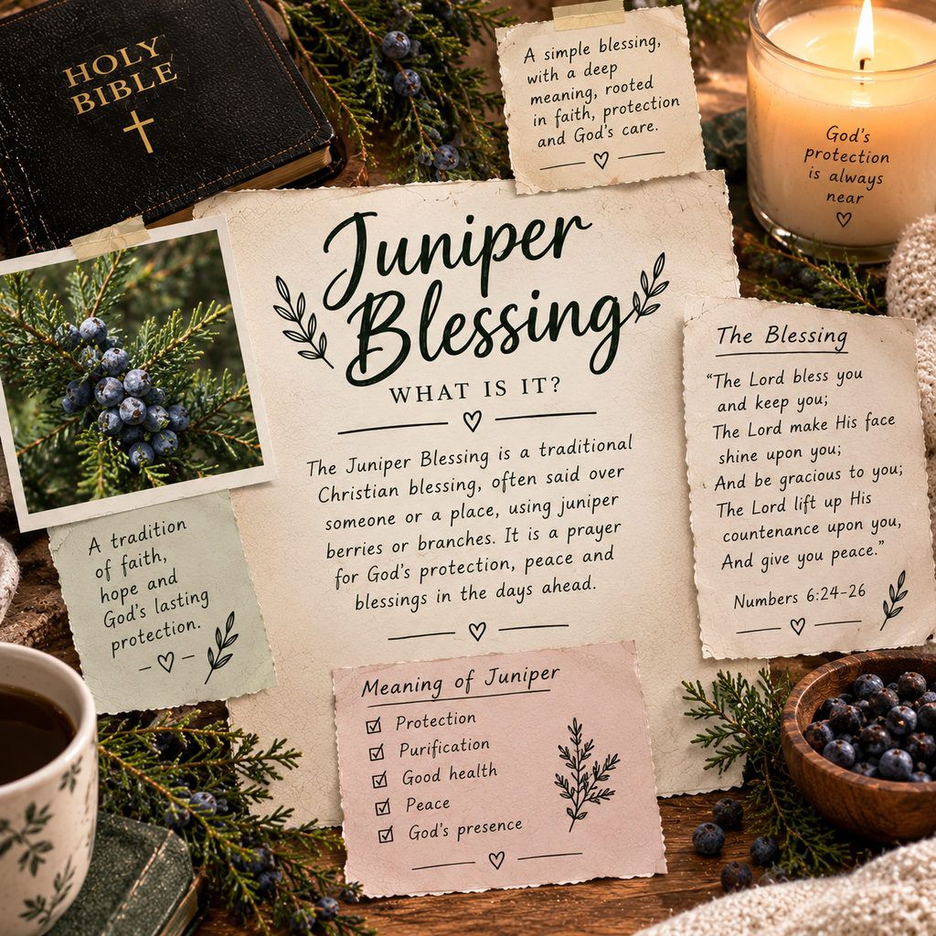 Juniper Blessing with Bible, juniper branches, berries, candle, flowers, and Christian prayer notes